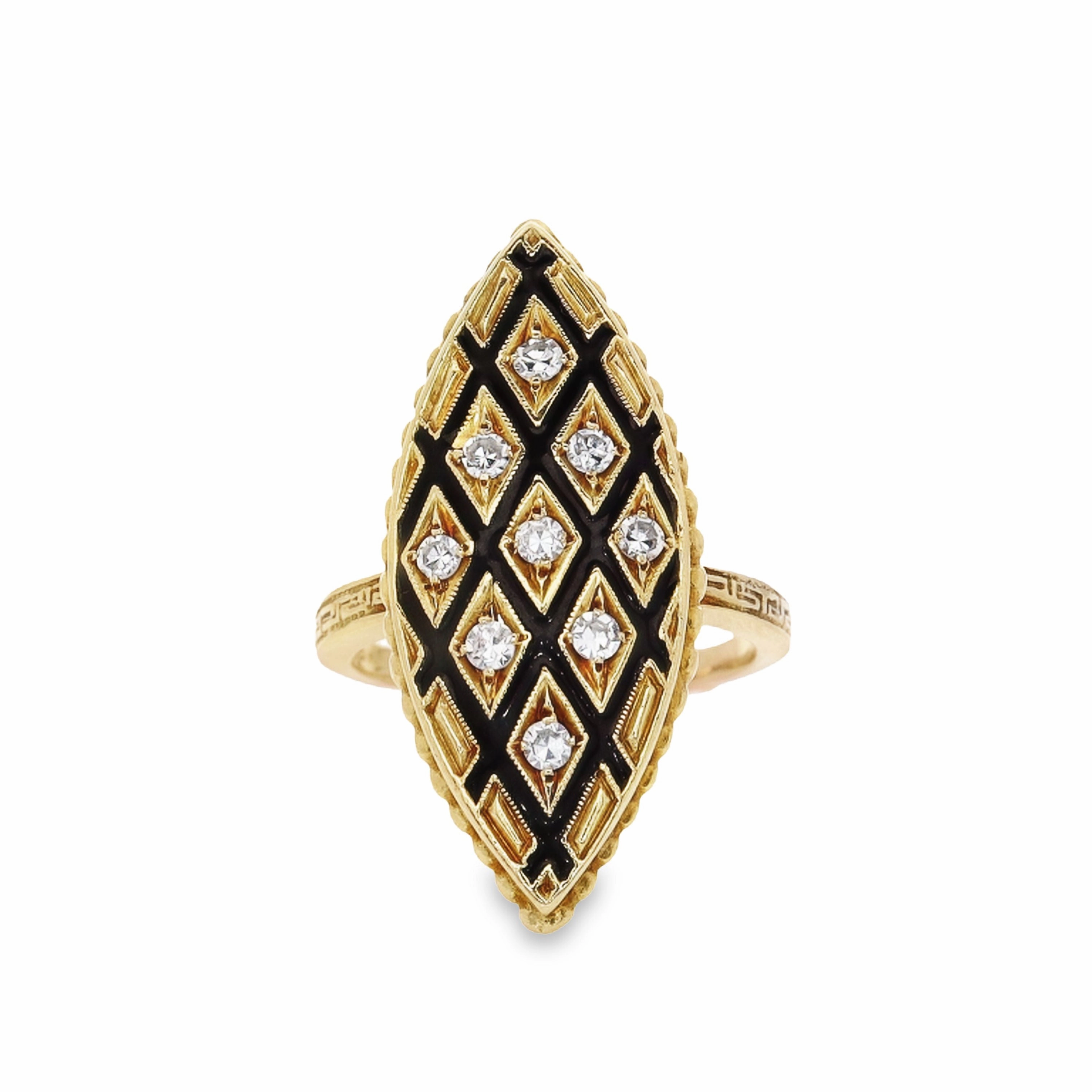 Estate 14k Yellow Gold Diamond and Black Enamel Cocktail Ring