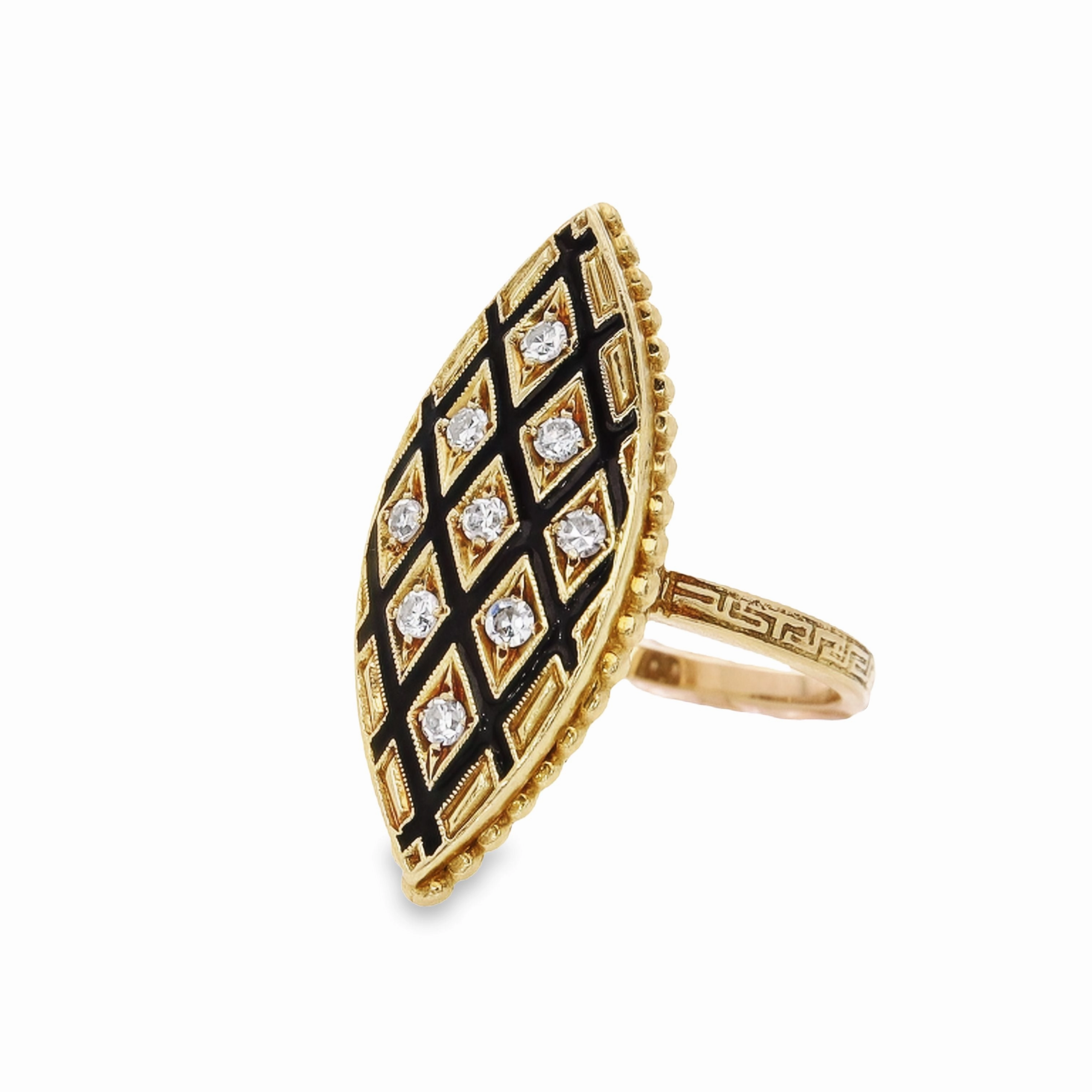Estate 14k Yellow Gold Diamond and Black Enamel Cocktail Ring