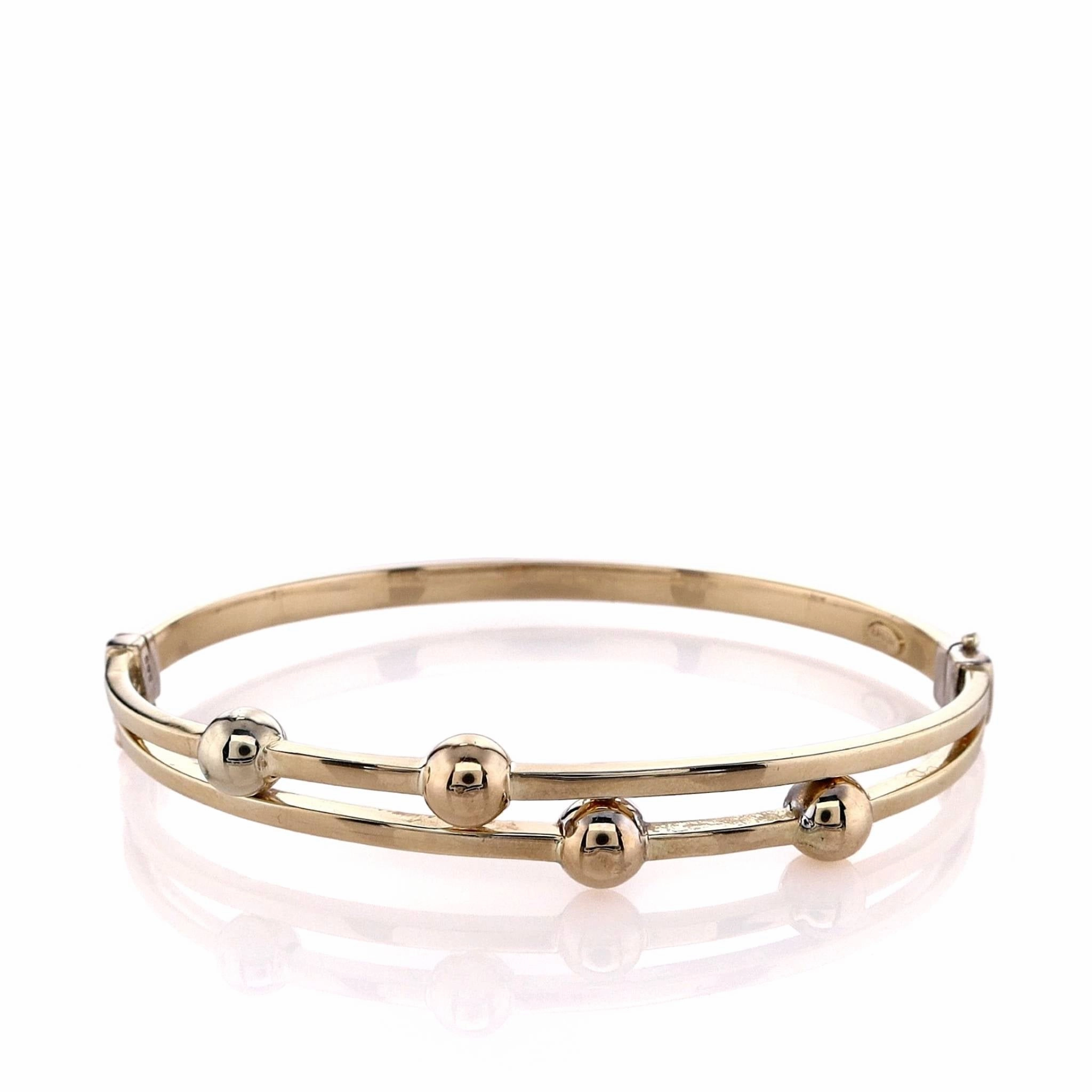 Estate 14k Yellow Gold Double Bar Top Beaded Design Bangle Bracelet