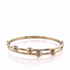 Estate 14k Yellow Gold Double Bar Top Beaded Design Bangle Bracelet