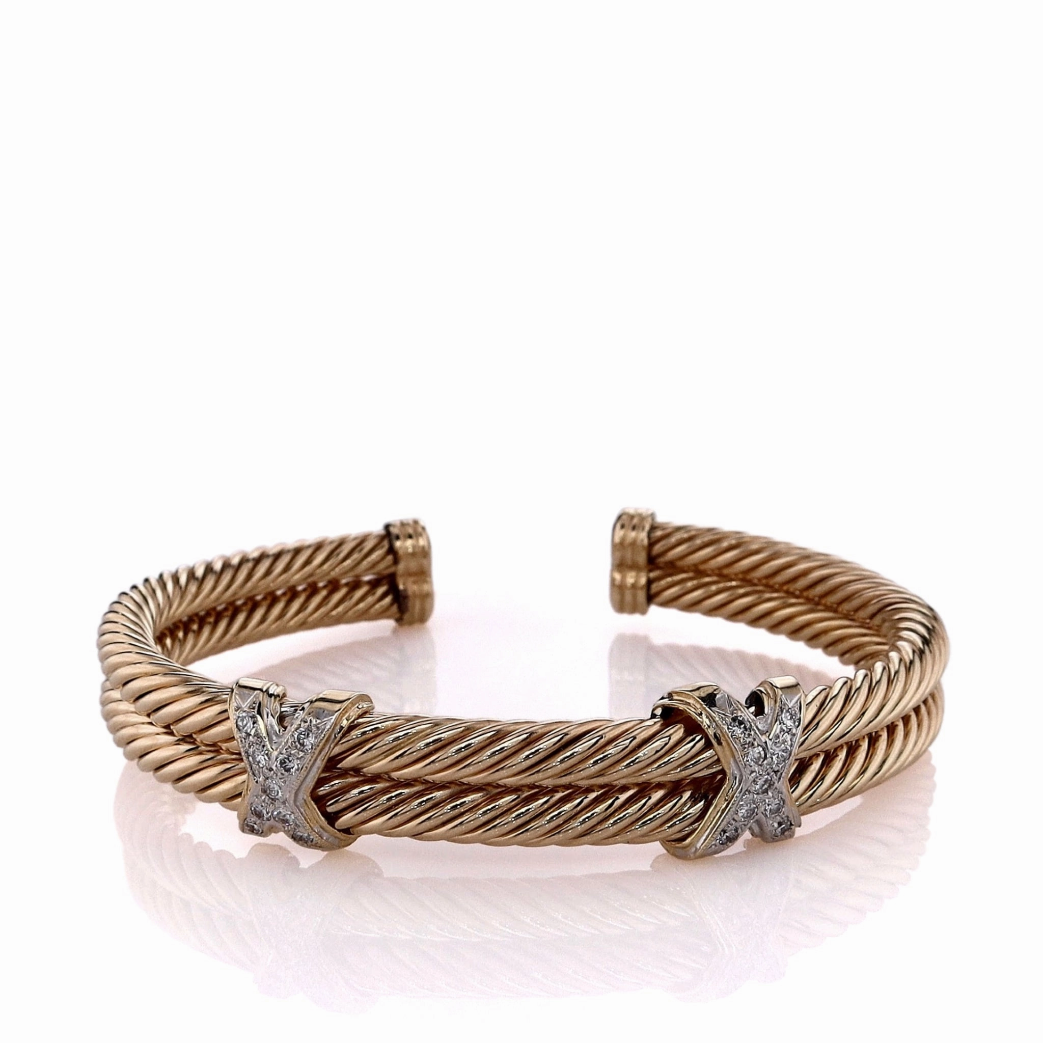 Estate 14k Yellow Gold Double Cable X Shaped Diamond Station Cuff Bracelet