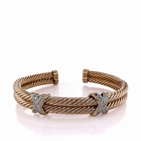 Estate 14k Yellow Gold Double Cable X Shaped Diamond Station Cuff Bracelet