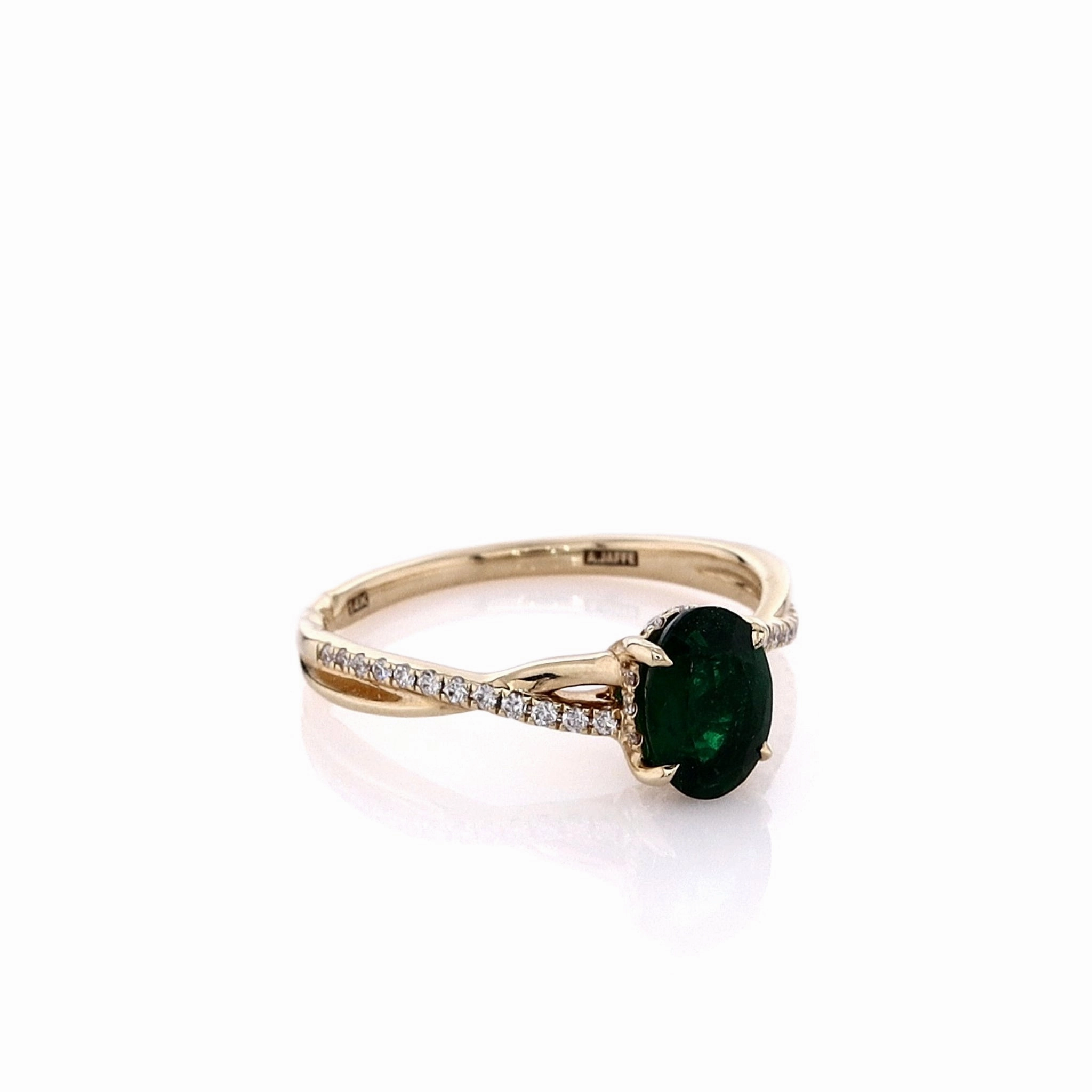 Estate 14k Yellow Gold Emerald and Diamond Twist Shank Ring