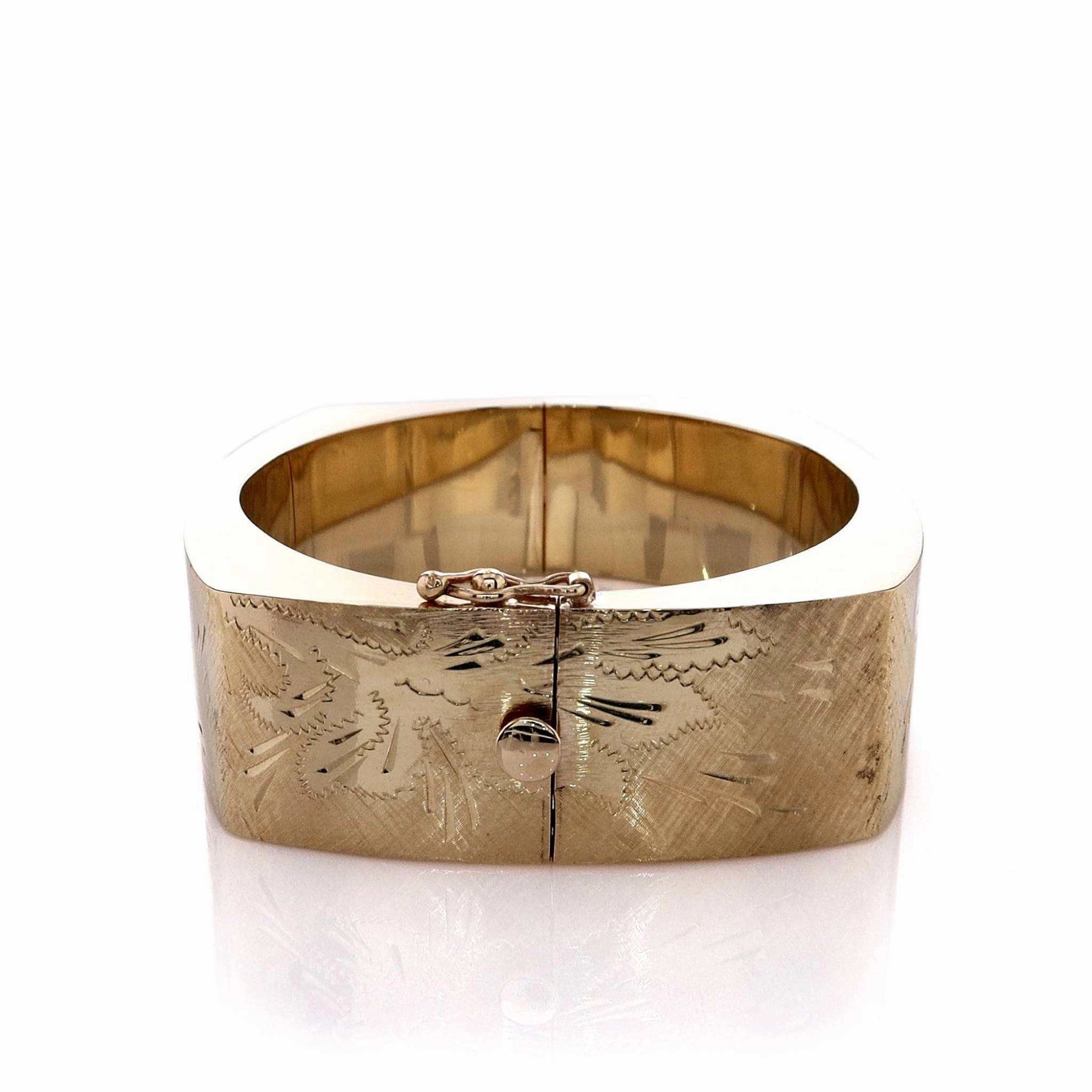 Estate 14k Yellow Gold Florentine Engraved Flower Design Wide Bangle Bracelet