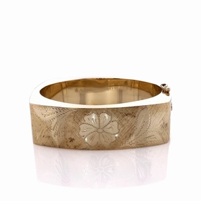 Estate 14k Yellow Gold Florentine Engraved Flower Design Wide Bangle Bracelet