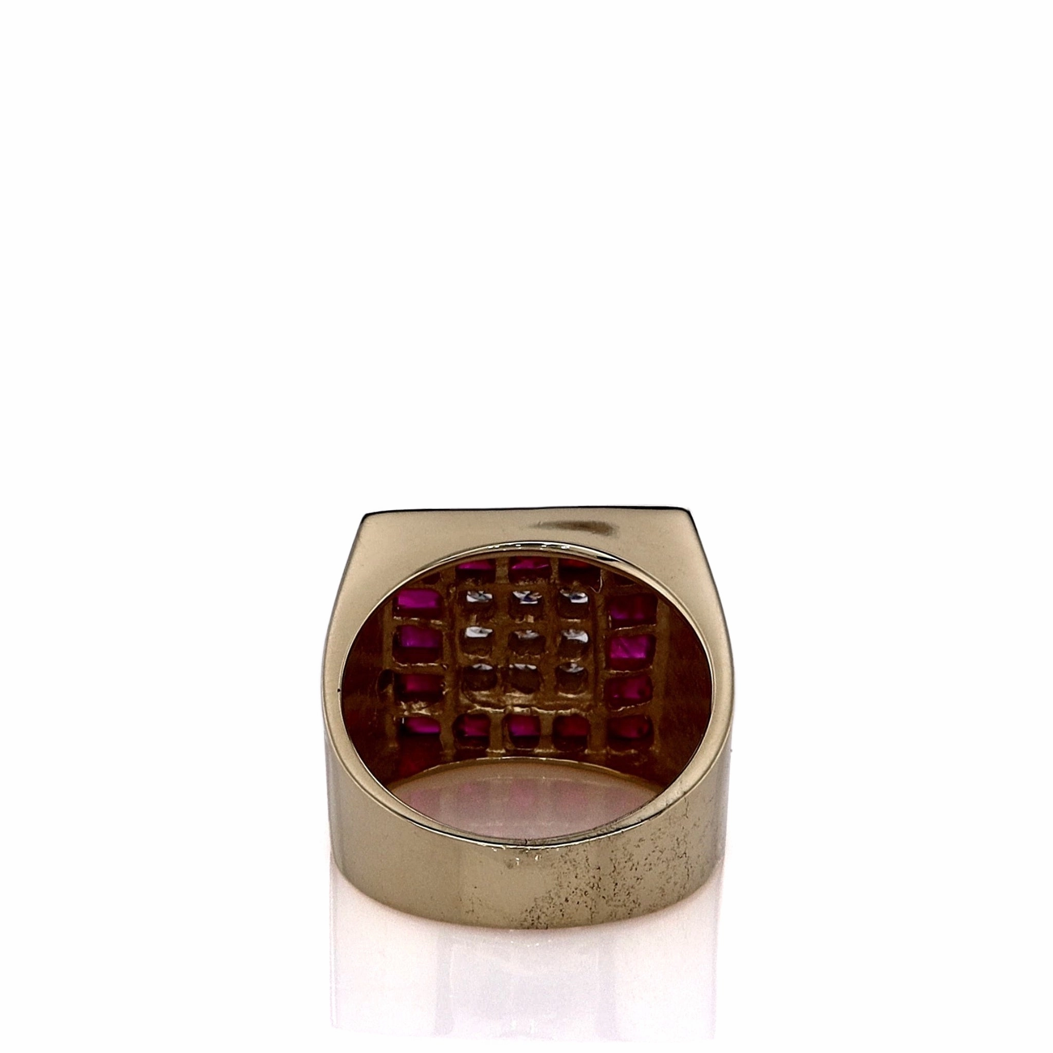 Estate 14k Yellow Gold Gents Diamond Center and Ruby Halo Square Top Ring
