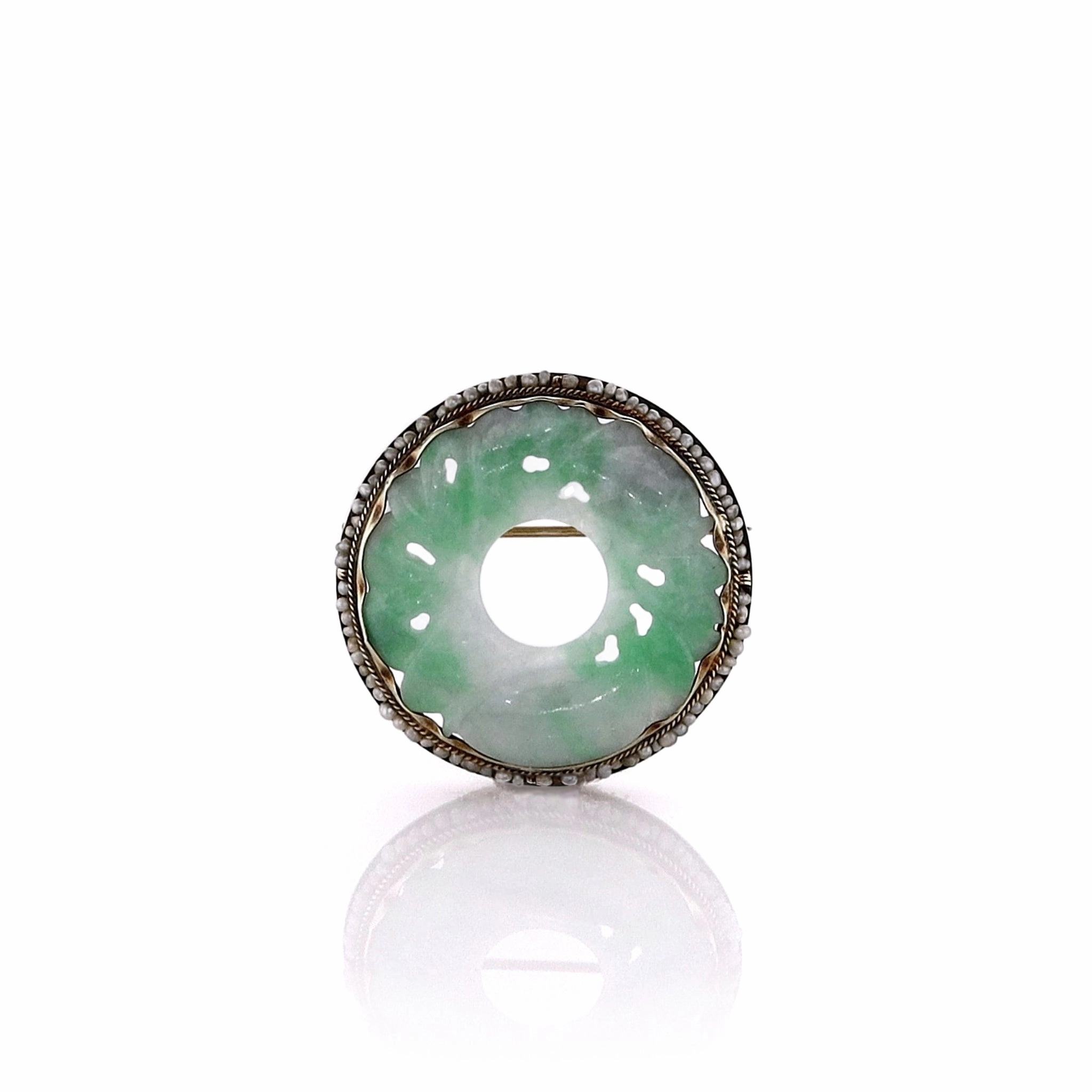 Estate 14k Yellow Gold Green Circle Carved Jadeite and Seed Pearl Pin