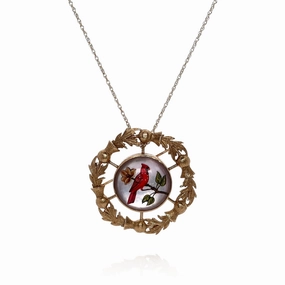 Estate 14k Yellow Gold Leaf Border Reverse Painted Enamel Cardinal Mother of Pearl Pin *No Chain*