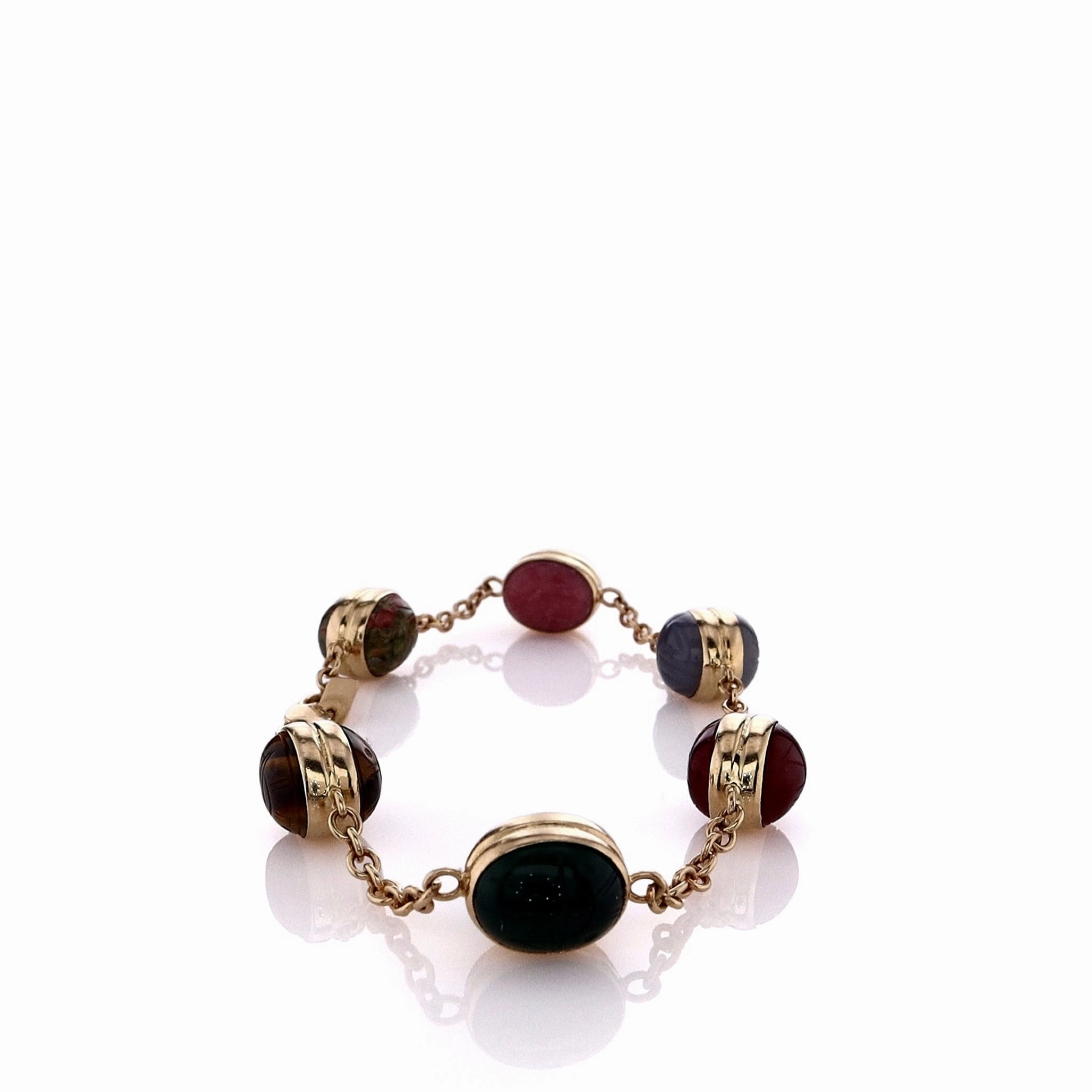 Estate 14k Yellow Gold Multi-Gemstone Double Sided Scarab Chain Station Bracelet