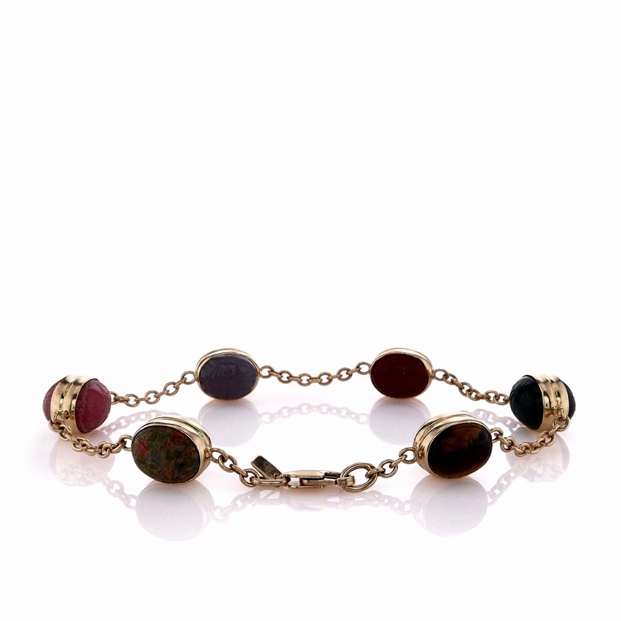 Estate 14k Yellow Gold Multi-Gemstone Double Sided Scarab Chain Station Bracelet