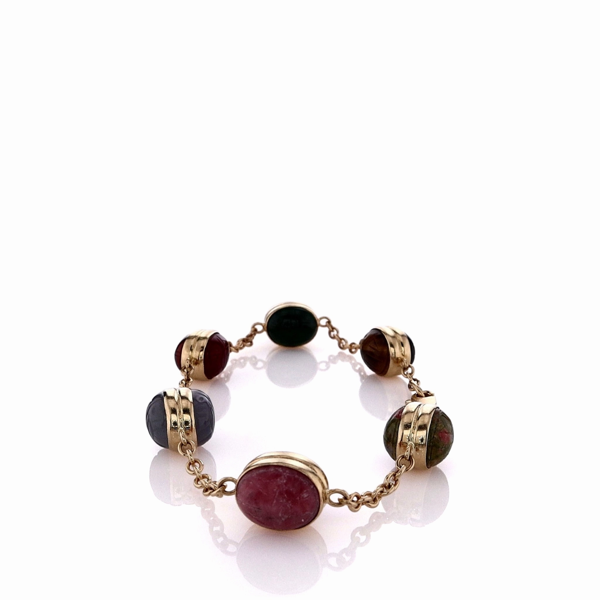 Estate 14k Yellow Gold Multi-Gemstone Double Sided Scarab Chain Station Bracelet