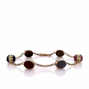 Estate 14k Yellow Gold Multi-Gemstone Double Sided Scarab Chain Station Bracelet