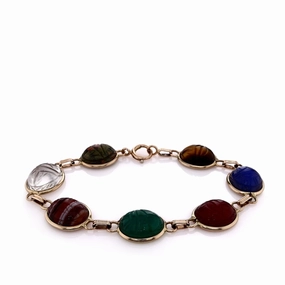 Estate 14k Yellow Gold Multi-Gemstone Oval Scarab Design Station Bracelet