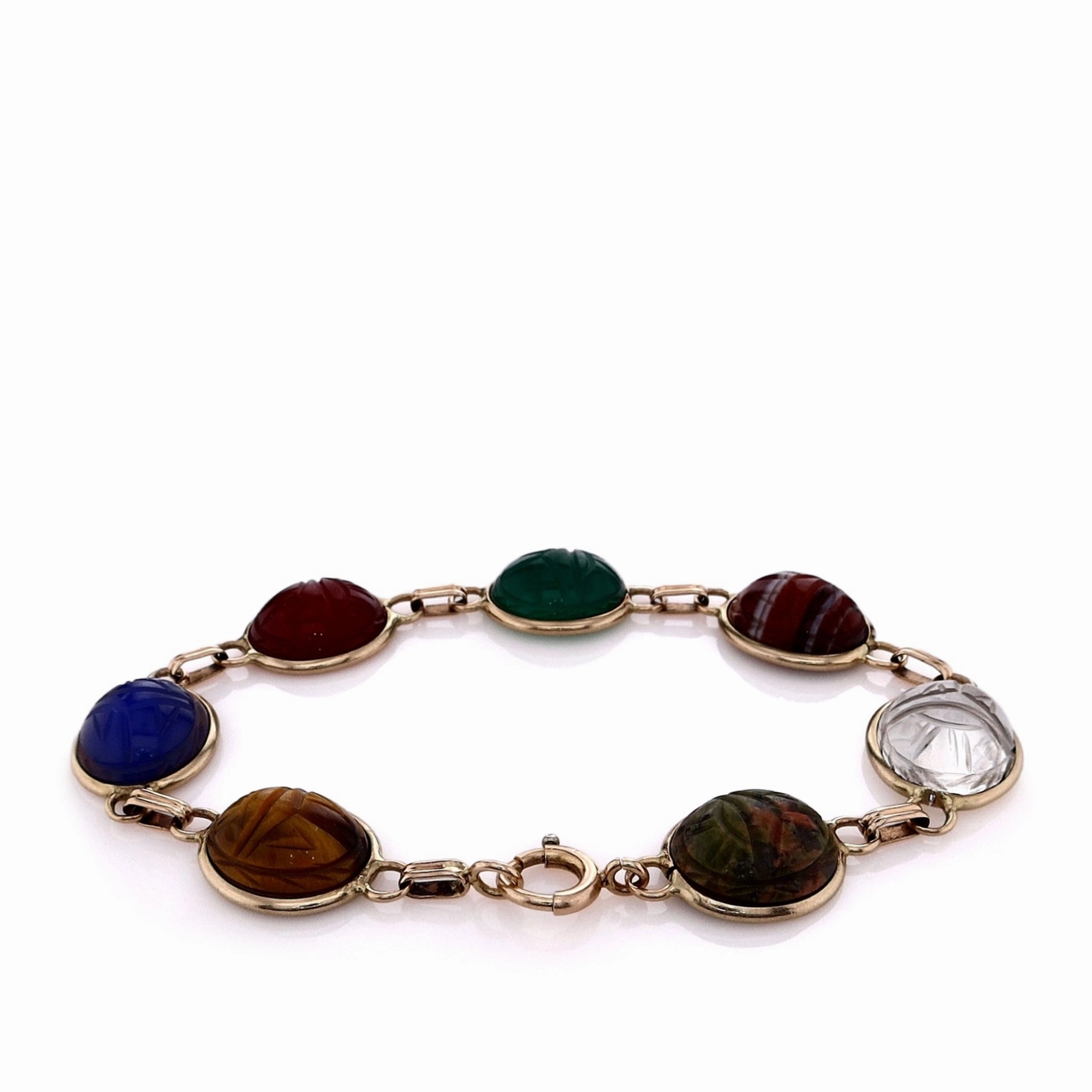 Estate 14k Yellow Gold Multi-Gemstone Oval Scarab Design Station Bracelet