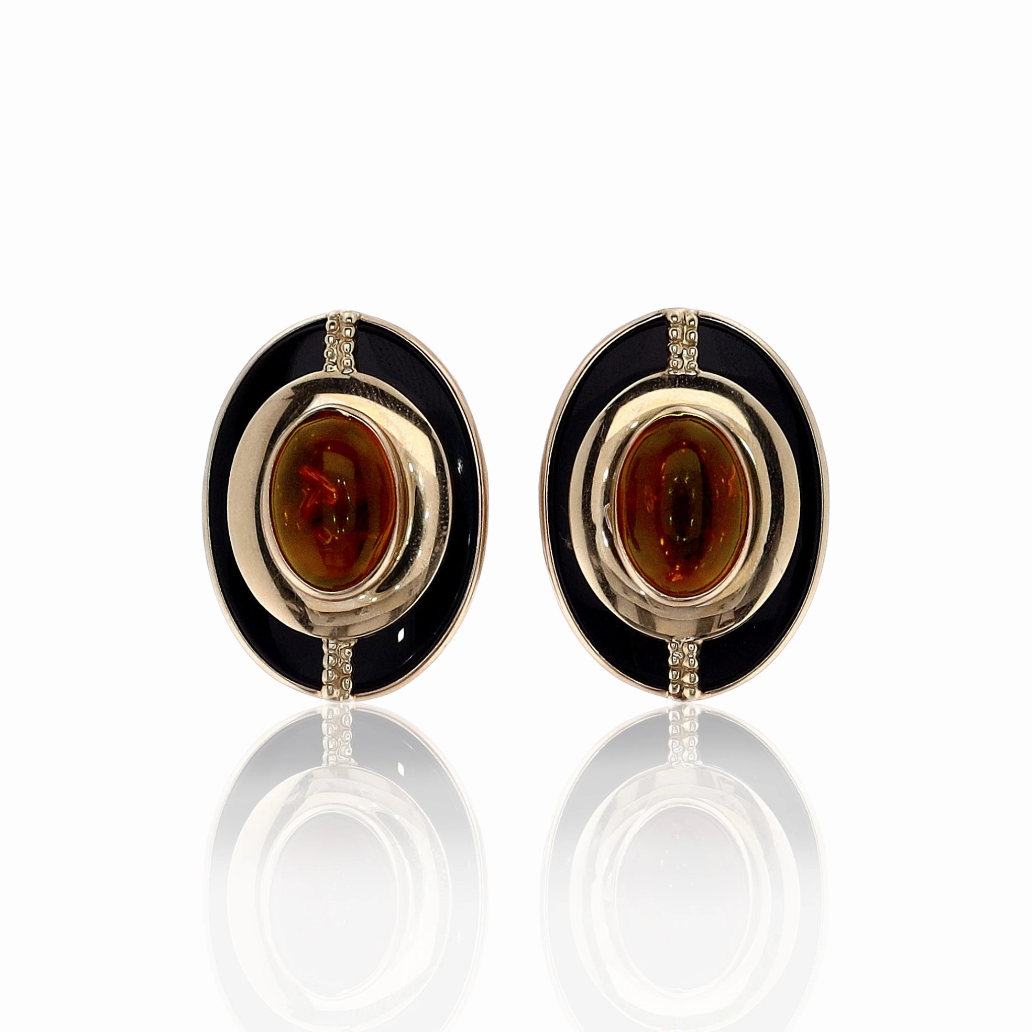 Estate 14k Yellow Gold Onyx Tab Cabochon Amber Earrings
