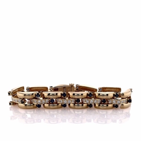 Estate 14k Yellow Gold Polished Bar Link Sapphire and Diamond Bracelet