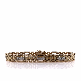 Estate 14k Yellow Gold Polished Panther Link Alternating Diamond Bracelet
