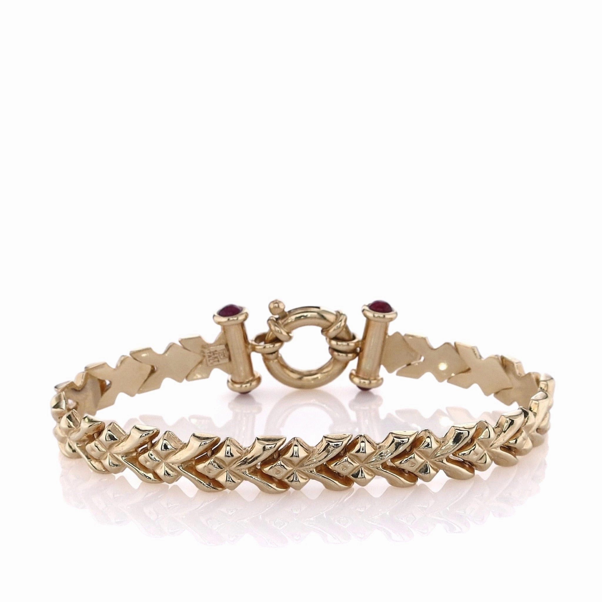 Estate 14k Yellow Gold Polished "V" Link Cabochon Ruby Chain Bracelet