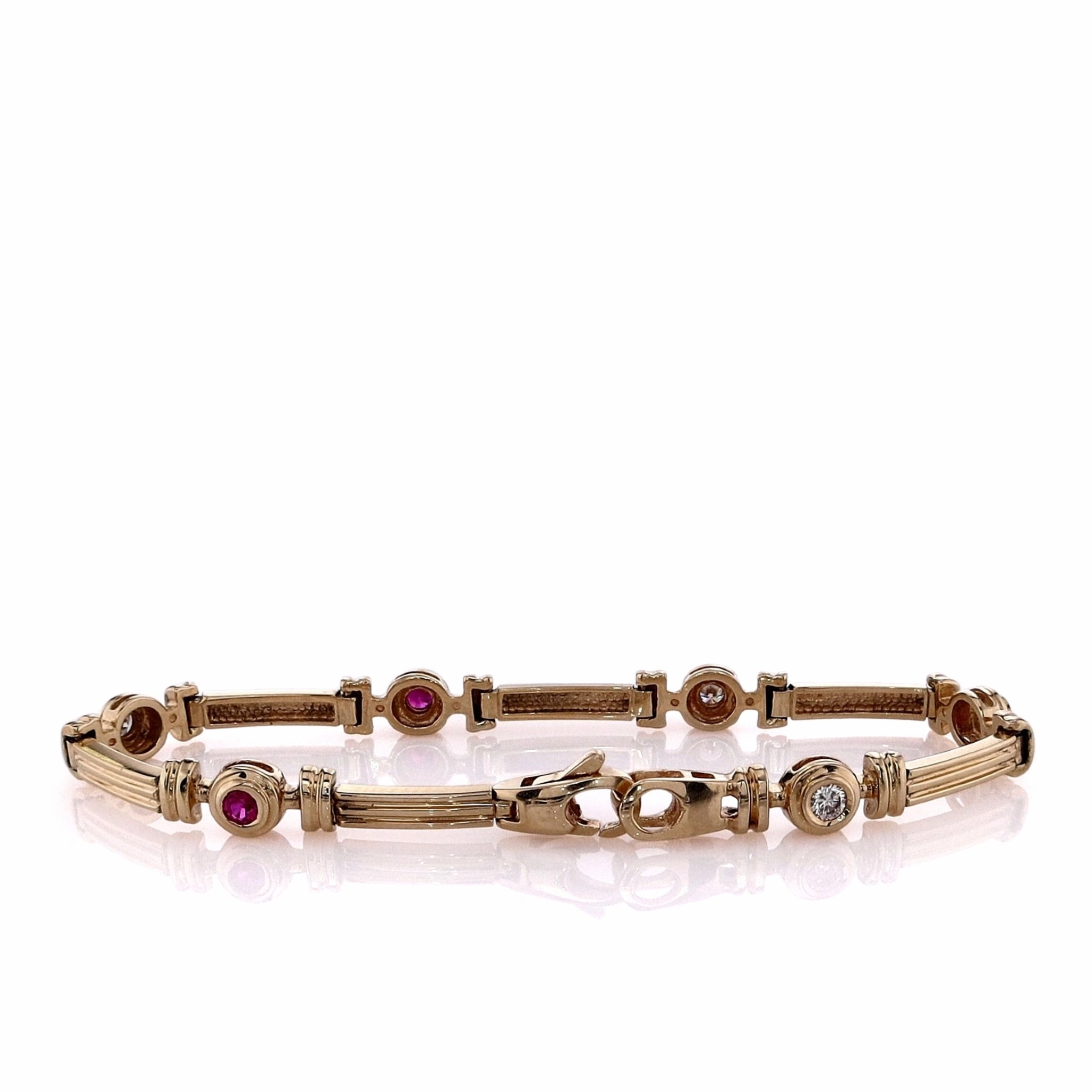 Estate 14k Yellow Gold Ribbed Bar Alternating Ruby and Diamond Station Bracelet