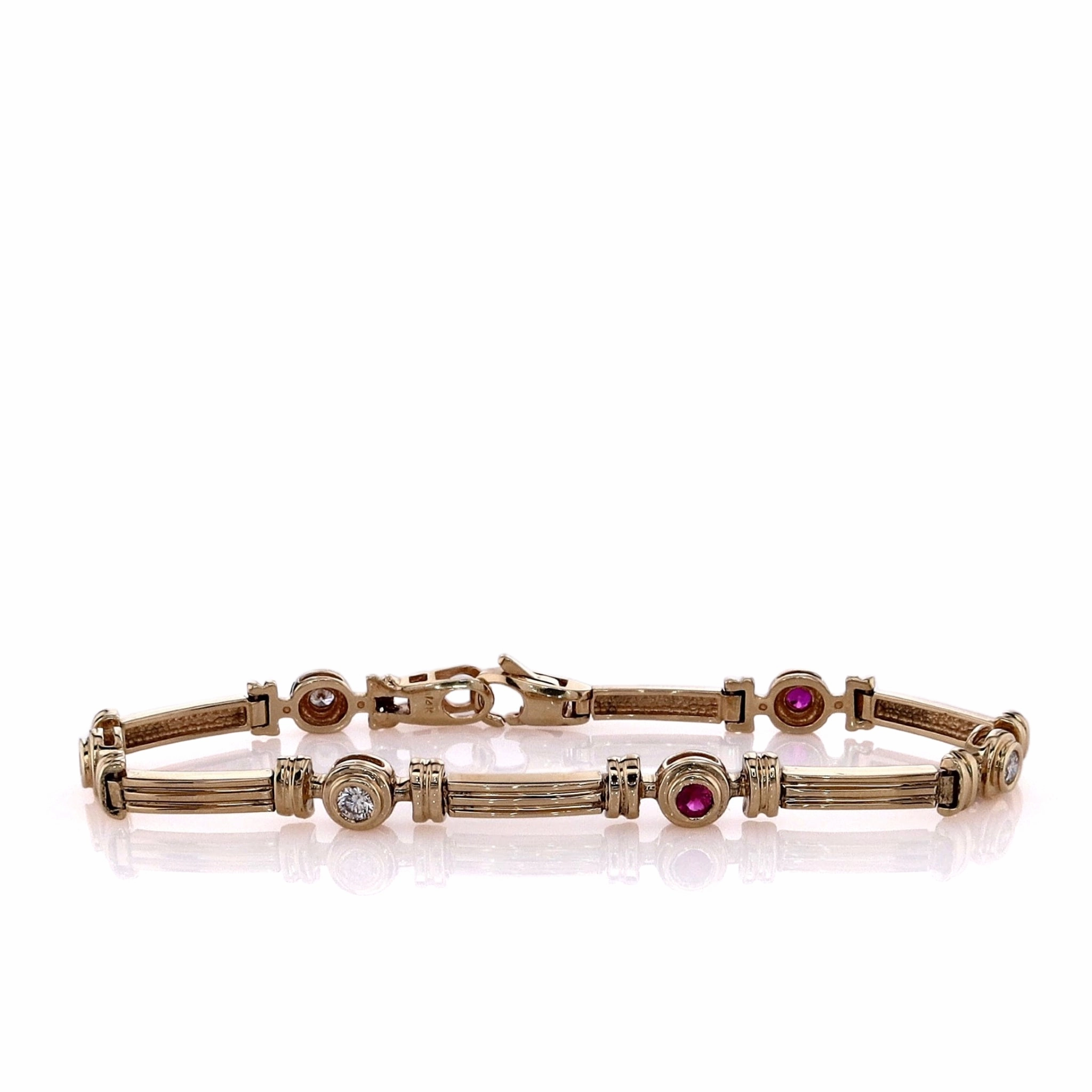 Estate 14k Yellow Gold Ribbed Bar Alternating Ruby and Diamond Station Bracelet