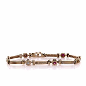 Estate 14k Yellow Gold Ribbed Bar Alternating Ruby and Diamond Station Bracelet
