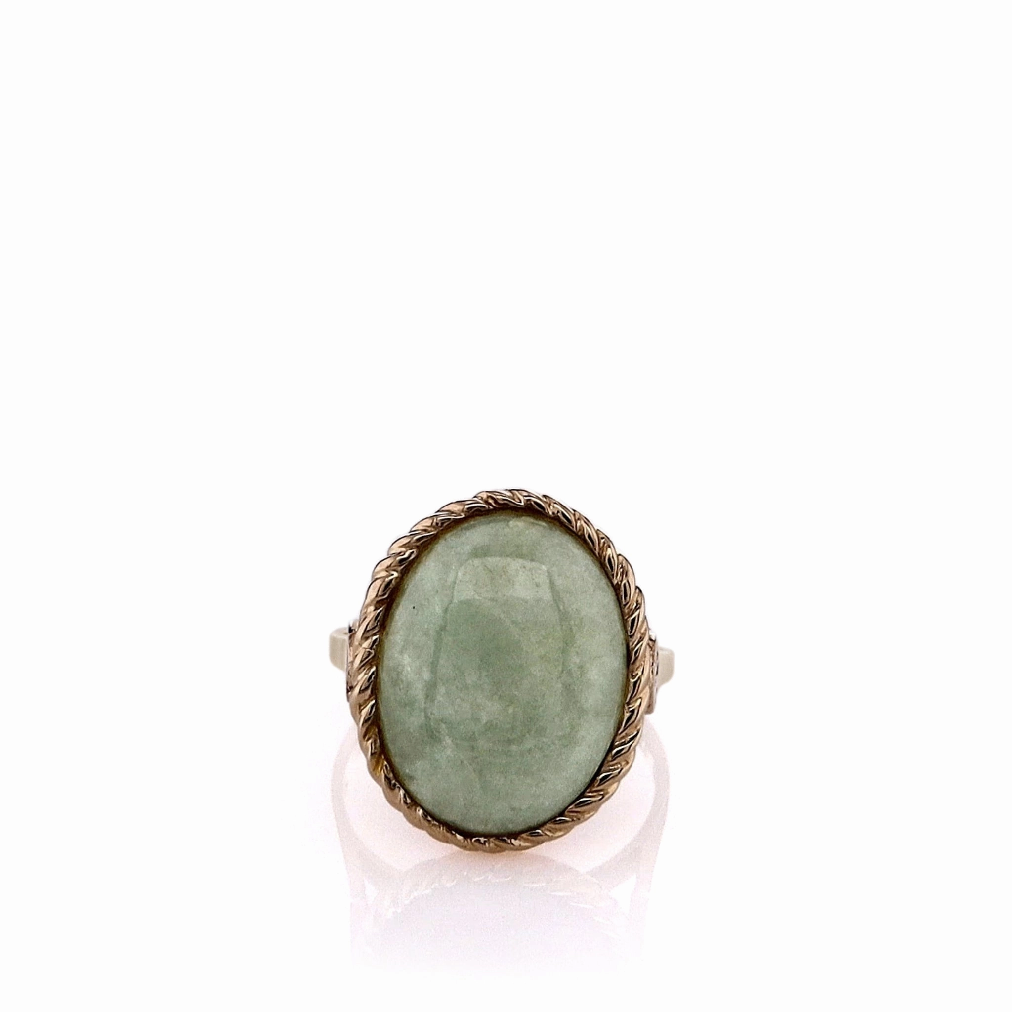 Estate 14k Yellow Gold Rope Border Bezel-Set Jadeite Ring