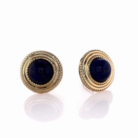 Estate 14k Yellow Gold Rope Edge Frame Lapis Stud Earrings