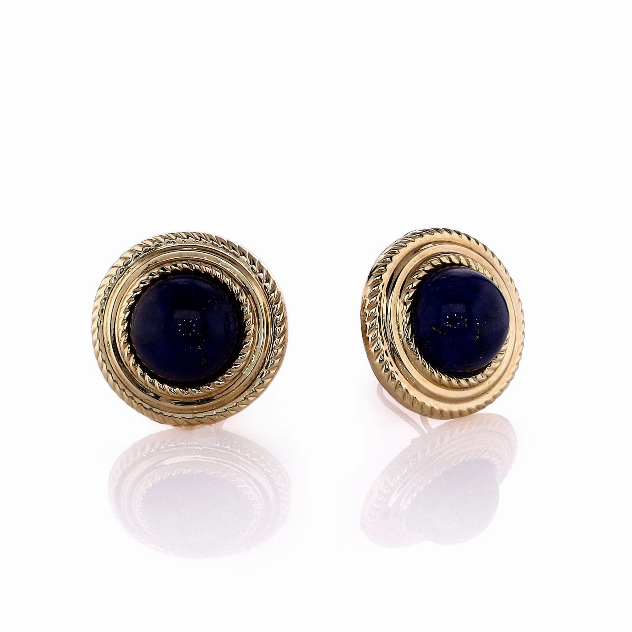 Estate 14k Yellow Gold Rope Edge Frame Lapis Stud Earrings