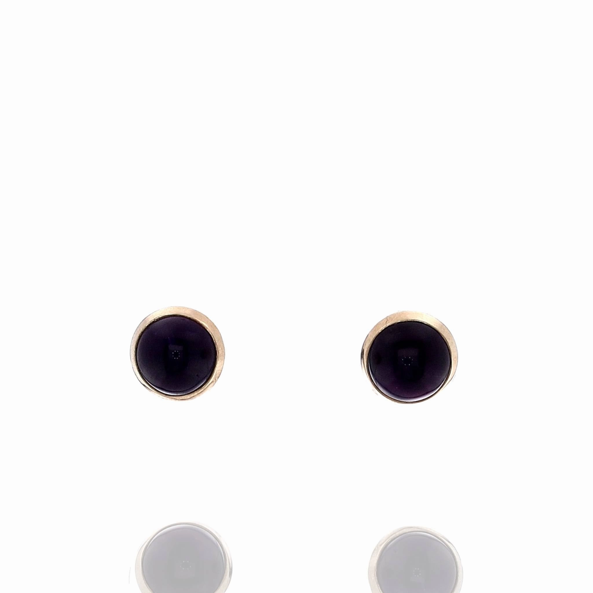 Estate 14k Yellow Gold Round Cabochon Amethyst Bezel Set Earrings