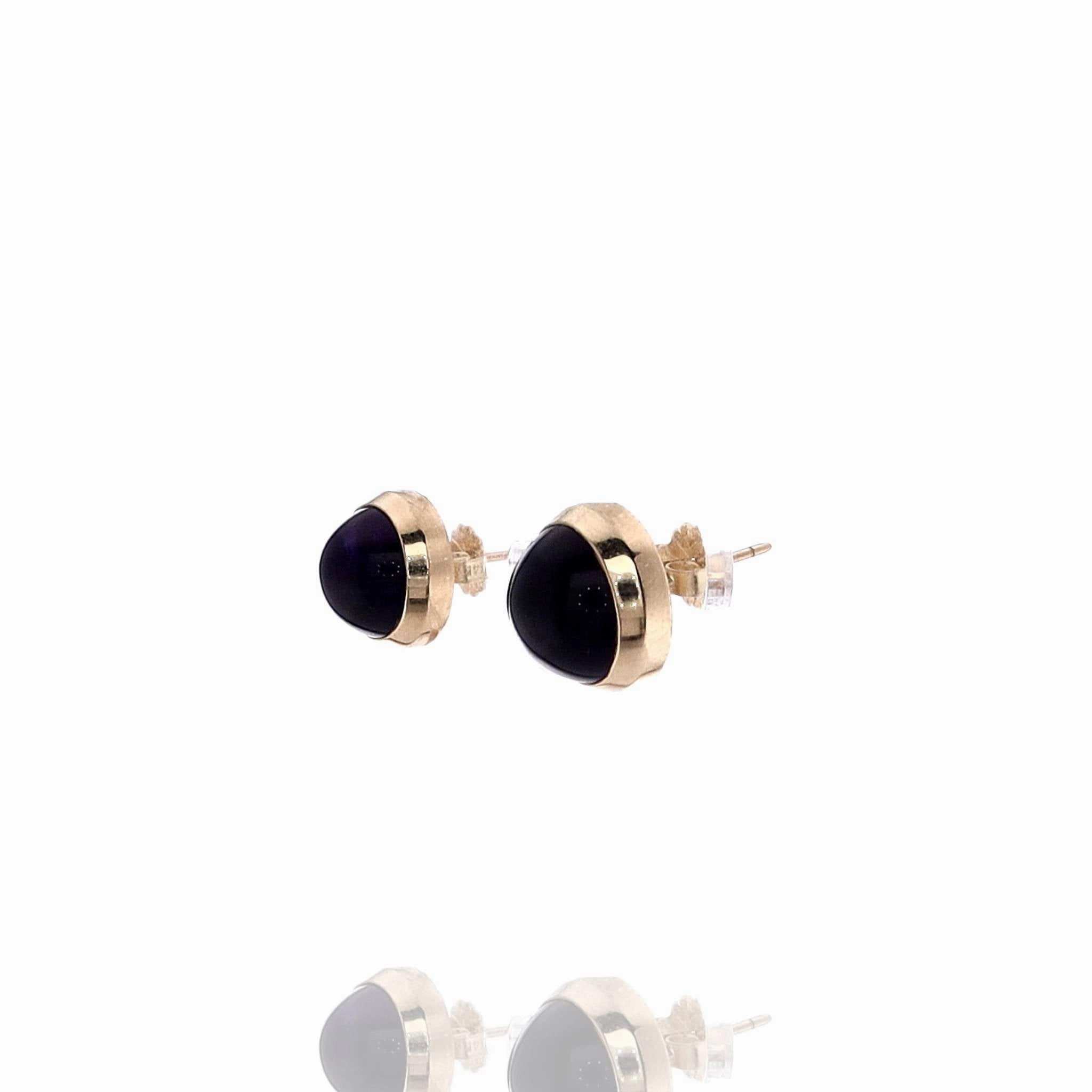 Estate 14k Yellow Gold Round Cabochon Amethyst Bezel Set Earrings