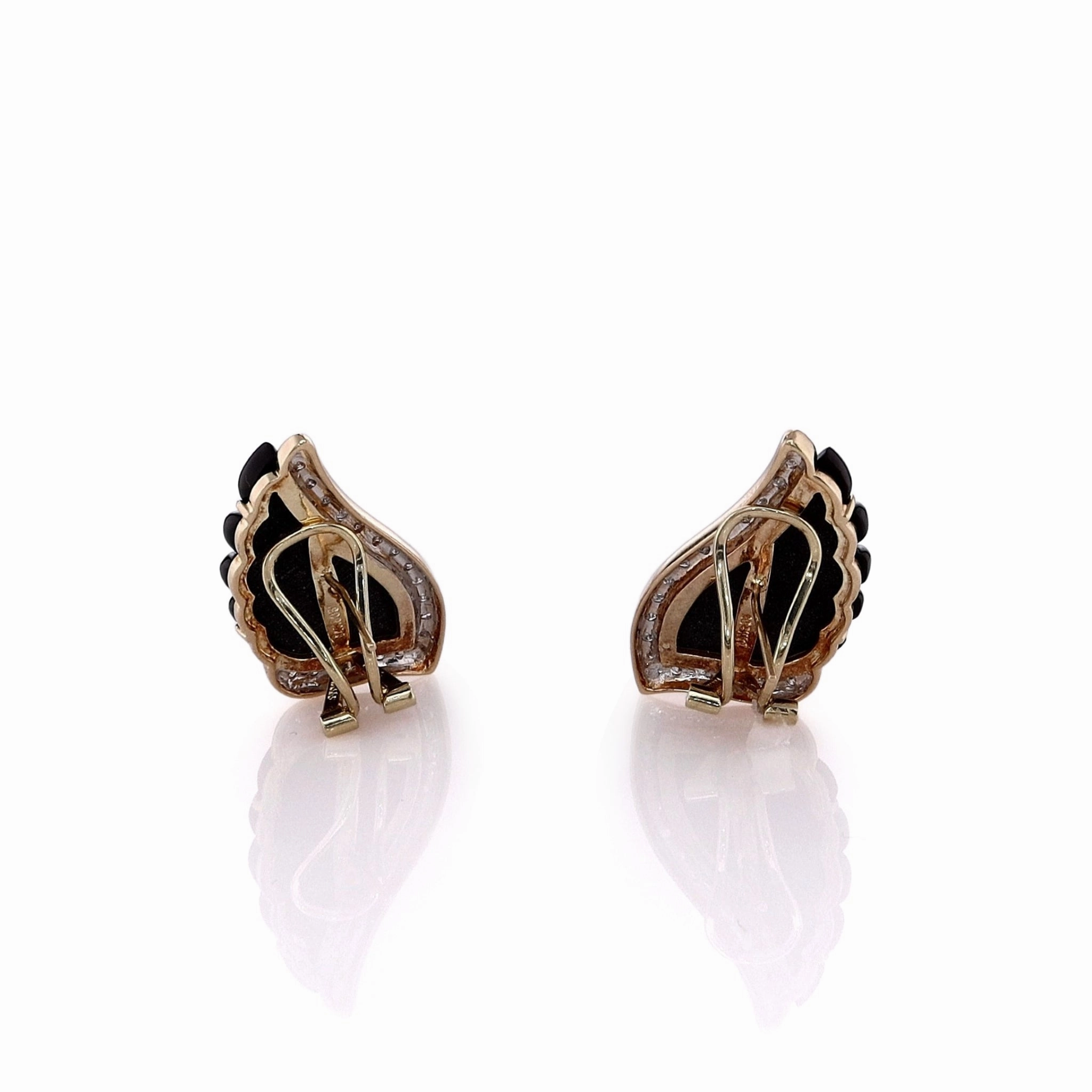 Estate 14k Yellow Gold Scalloped Wing Design Onyx and Diamond Stud Earrings