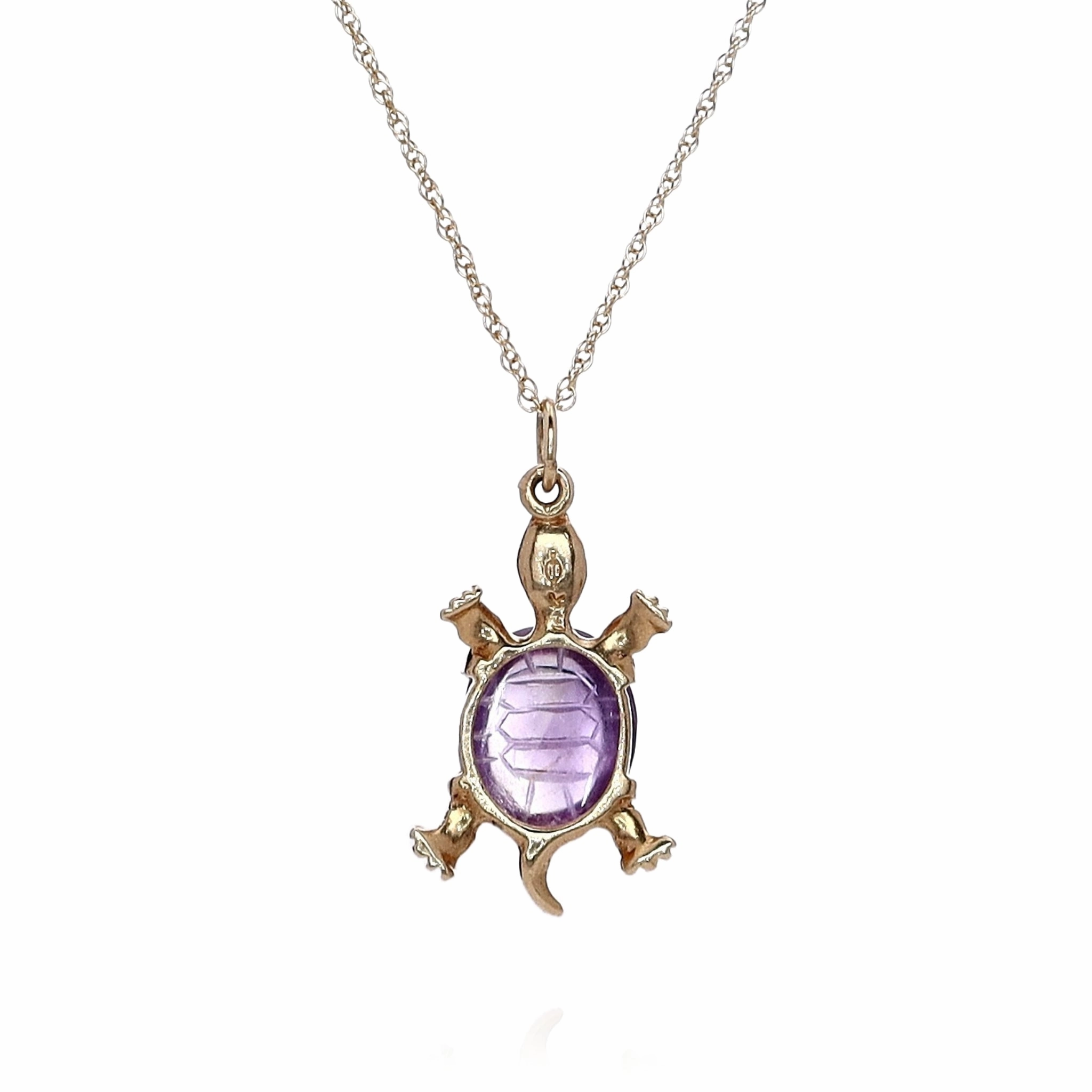Estate 14k Yellow Gold Turtle With Carved Amethyst Scarab Shell Charm Pendant *No Chain*