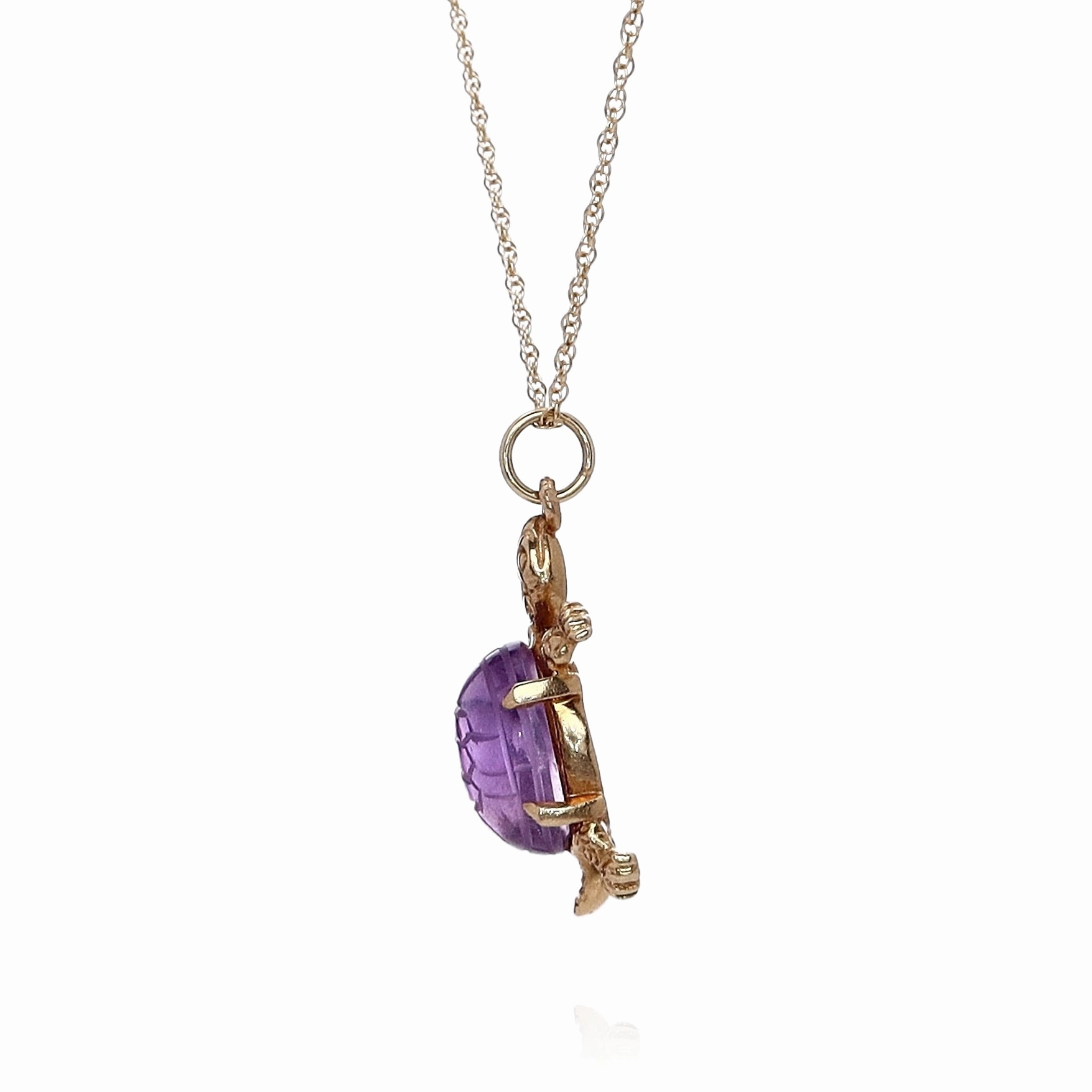 Estate 14k Yellow Gold Turtle With Carved Amethyst Scarab Shell Charm Pendant *No Chain*