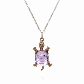 Estate 14k Yellow Gold Turtle With Carved Amethyst Scarab Shell Charm Pendant *No Chain*