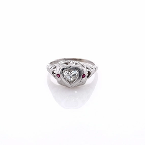Estate 18 Karat White Gold Bezel Set Heart Shape Diamond Filagree Ring