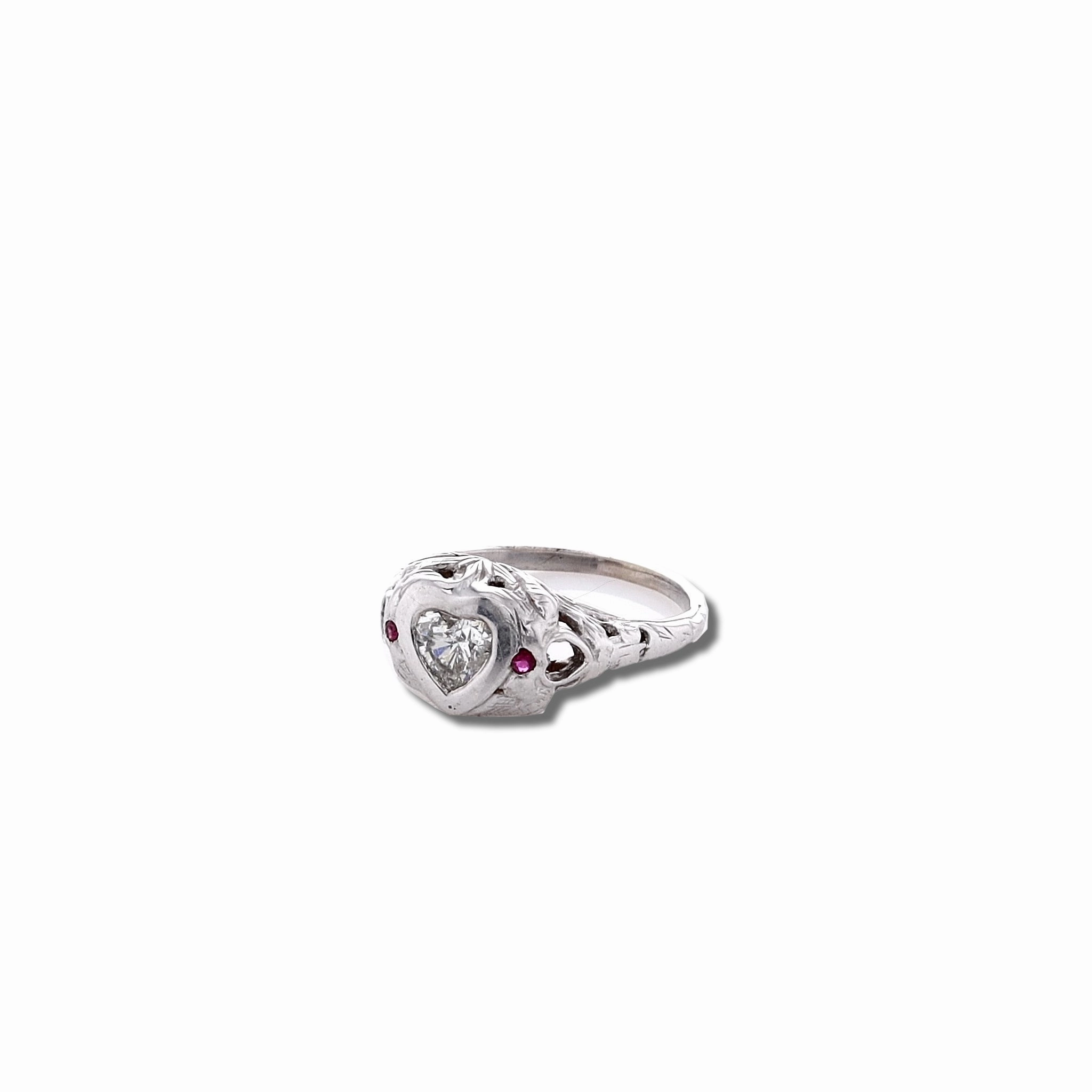 Estate 18 Karat White Gold Bezel Set Heart Shape Diamond Filagree Ring