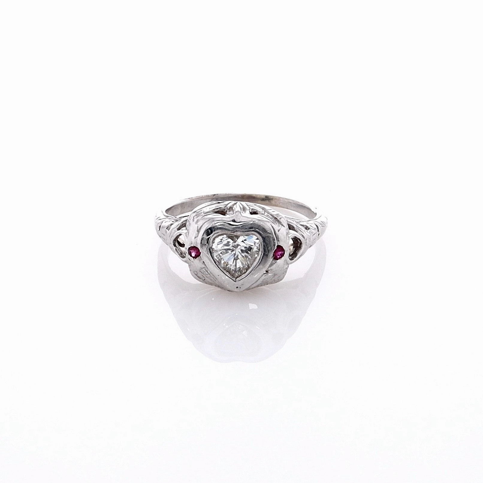 Estate 18 Karat White Gold Bezel Set Heart Shape Diamond Filagree Ring