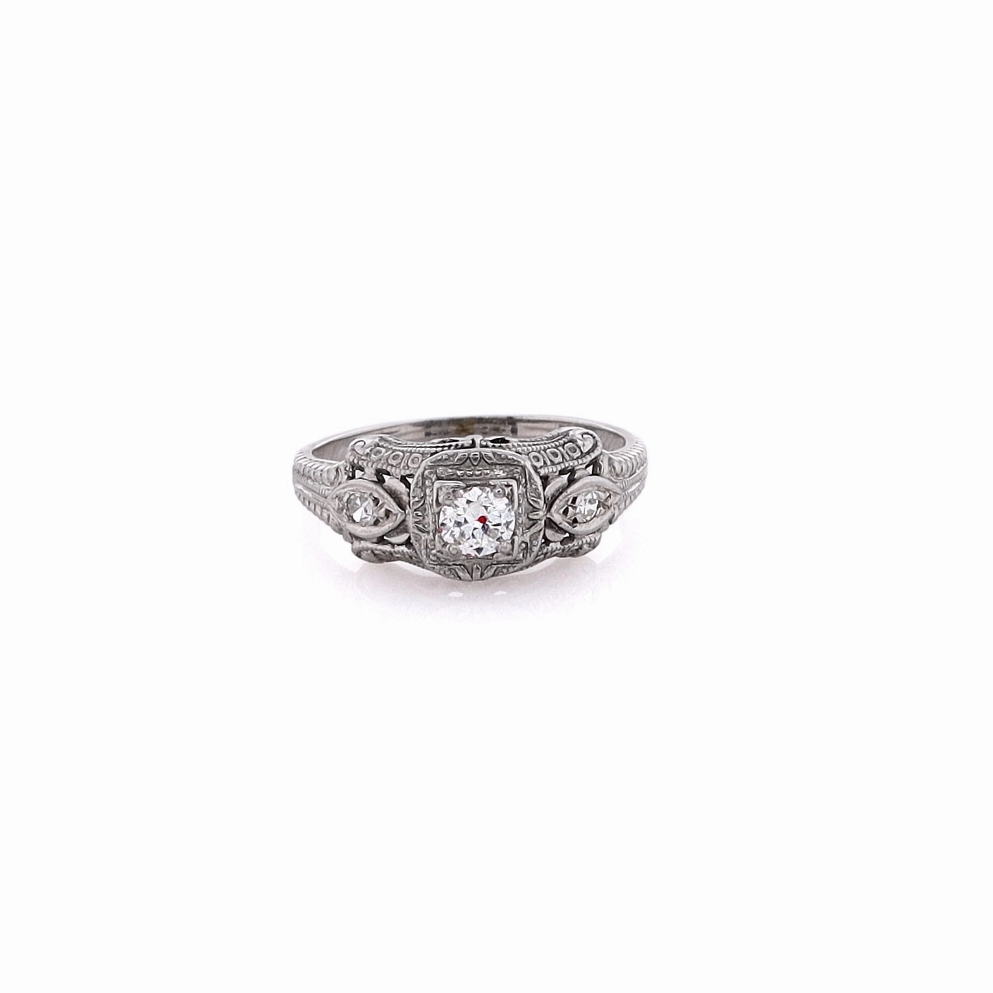Estate 18 Karat White Gold Engraved Diamond Ring