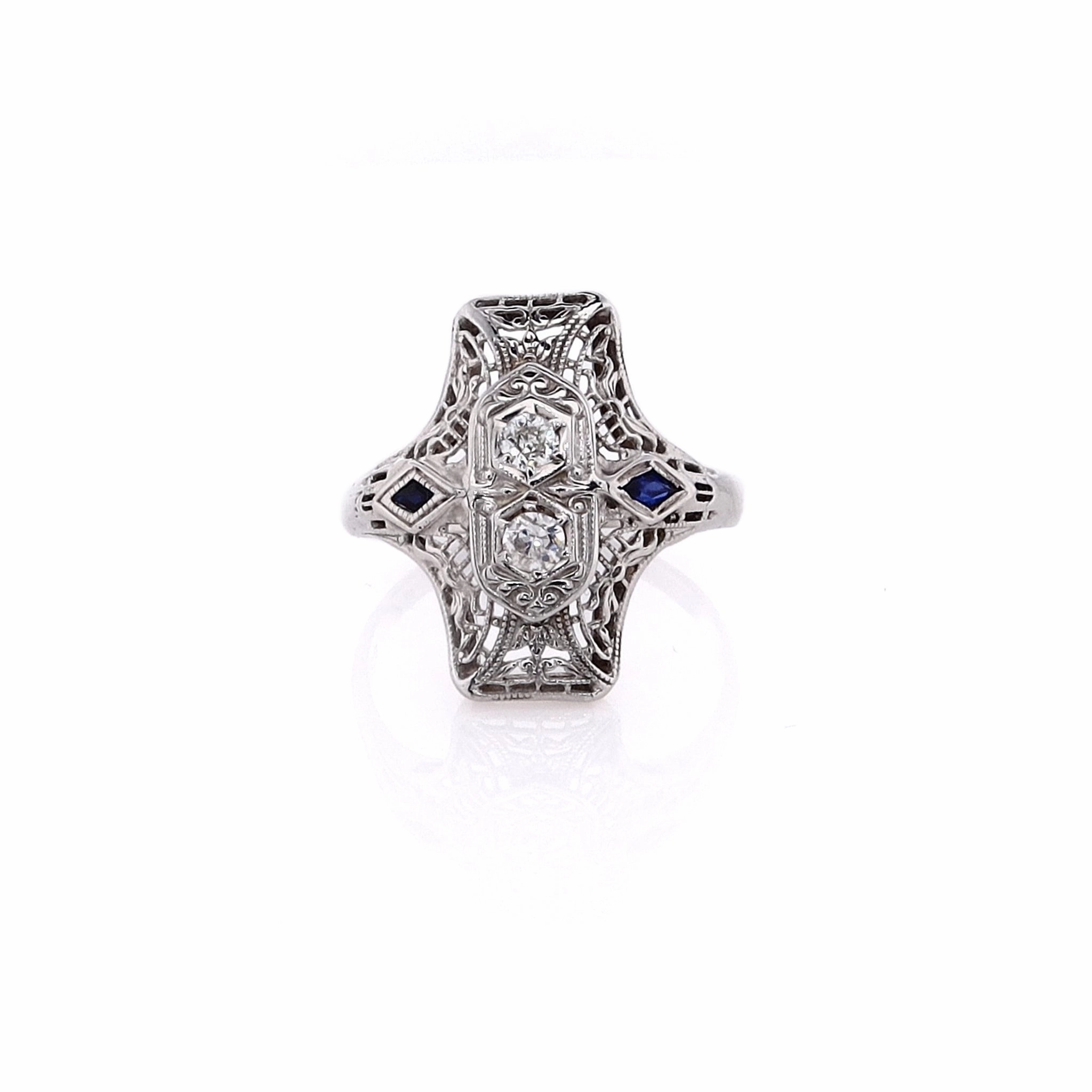 Estate 18 Karat White Gold Filigree Diamond and Sapphire Ring