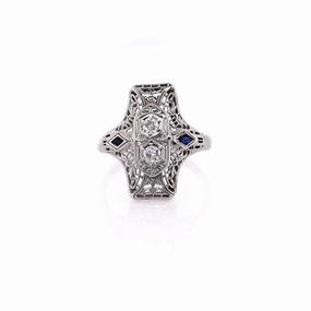 Estate 18 Karat White Gold Filigree Diamond and Sapphire Ring