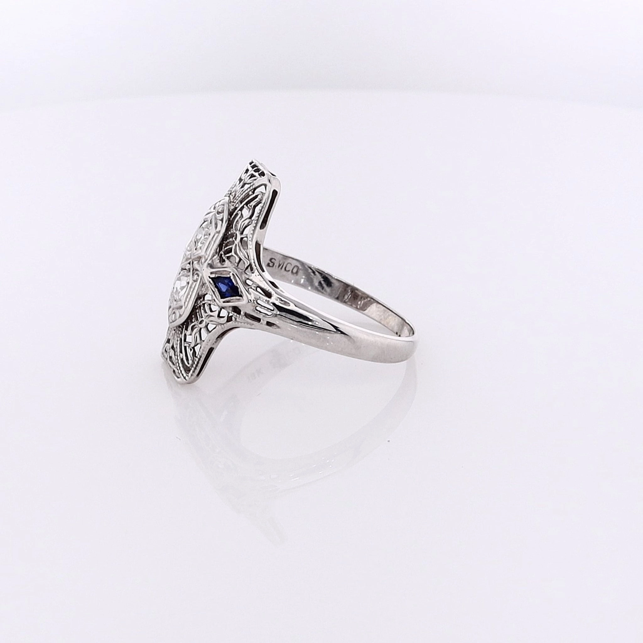 Estate 18 Karat White Gold Filigree Diamond and Sapphire Ring