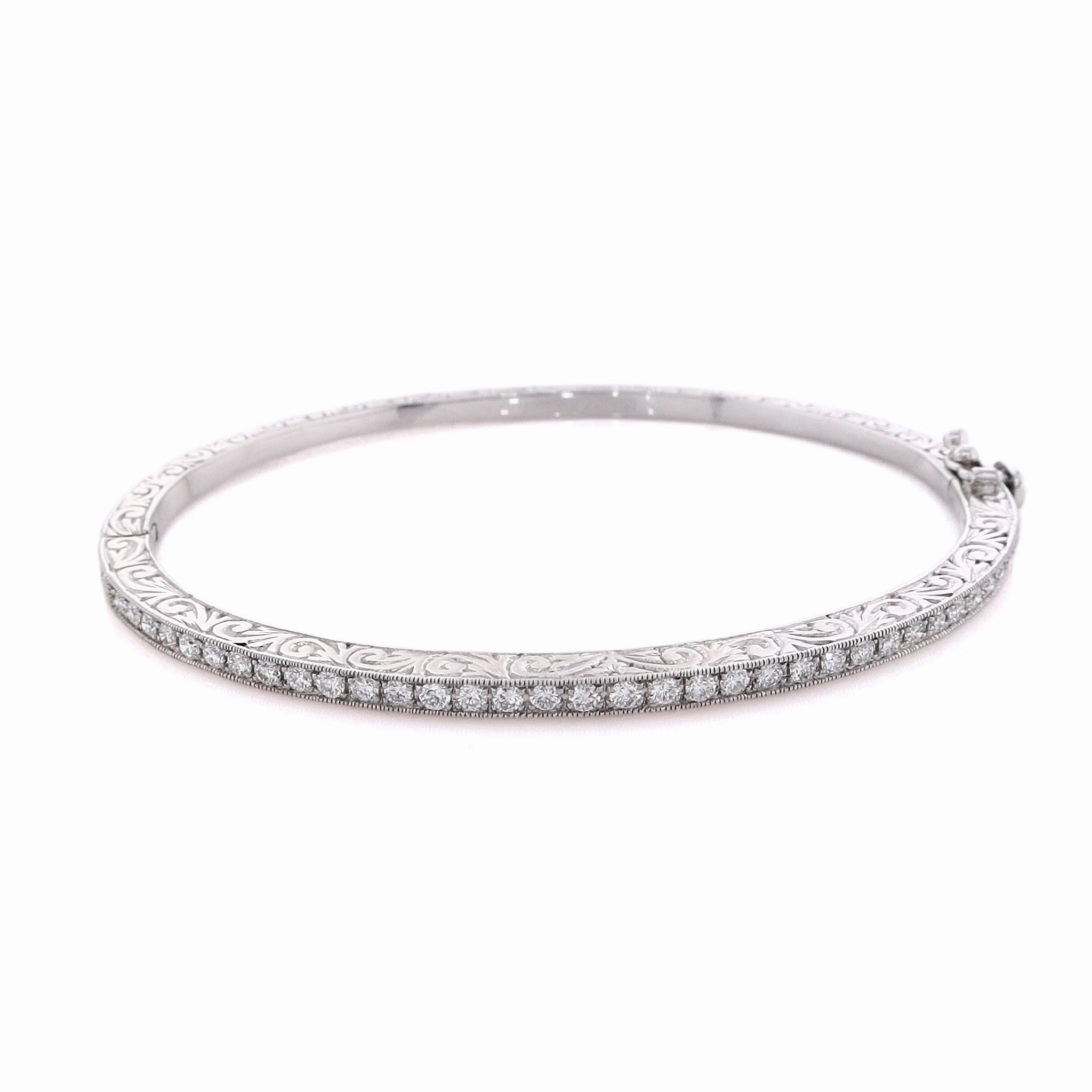 Estate 18 Karat White Gold Hinged Diamond Bangle Bracelet With Milgrain Design