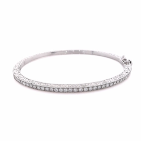 Estate 18 Karat White Gold Hinged Diamond Bangle Bracelet With Milgrain Design