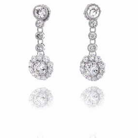 Estate 18 Karat White Gold Milgrain Dangle Diamond Earrings
