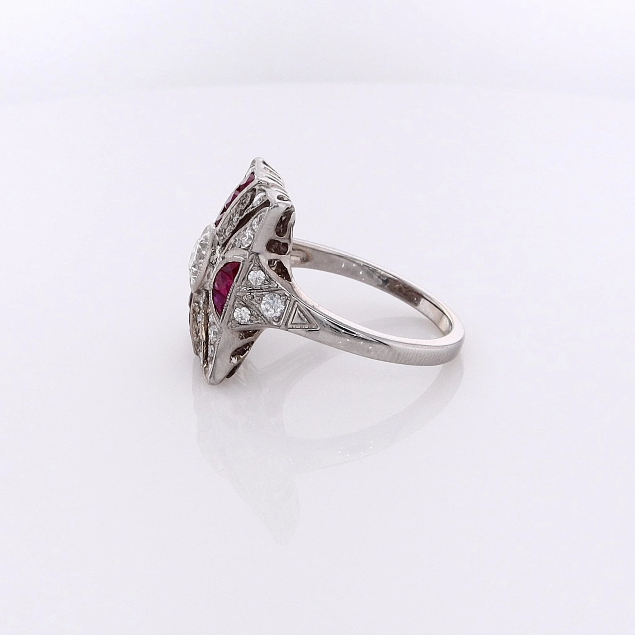 Estate 18 Karat White Gold Rectangular Design Ruby and Diamond Ring