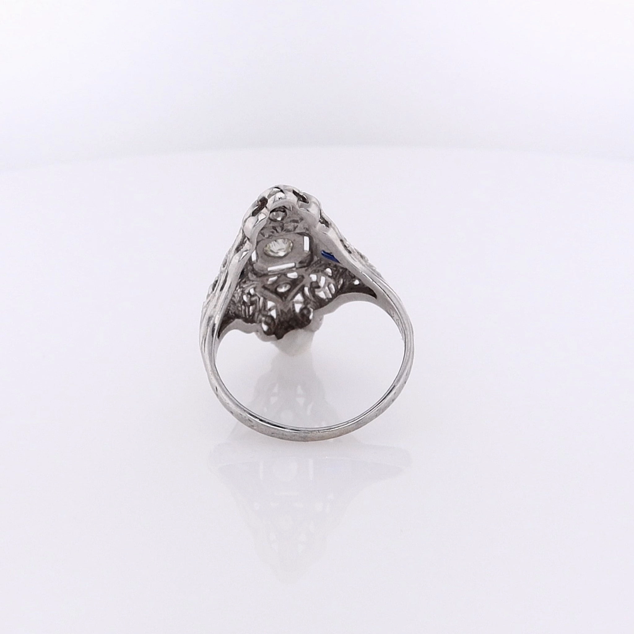 Estate 18 Karat White Gold Sapphire and Diamond Nevette Filagree Design Ring