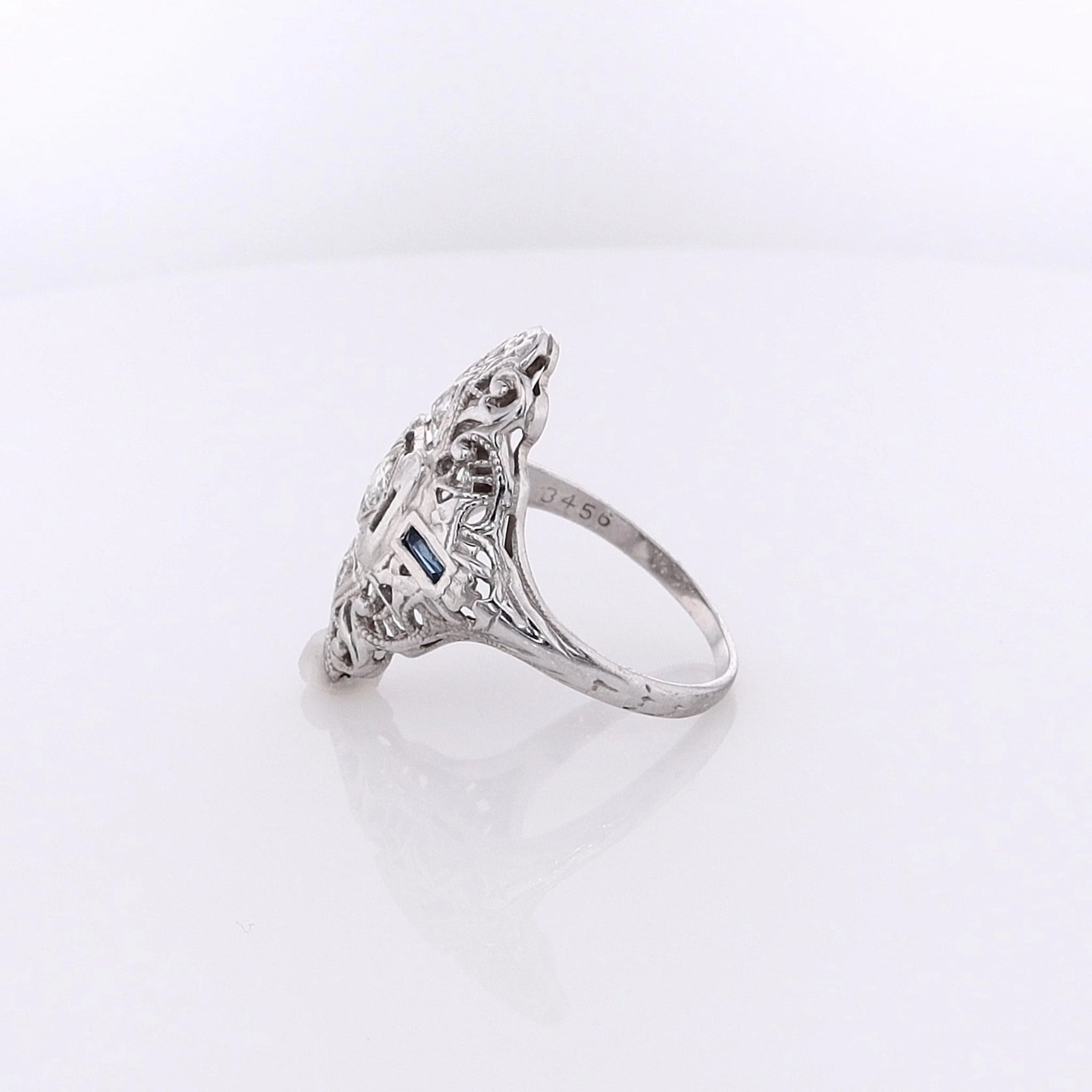 Estate 18 Karat White Gold Sapphire and Diamond Nevette Filagree Design Ring
