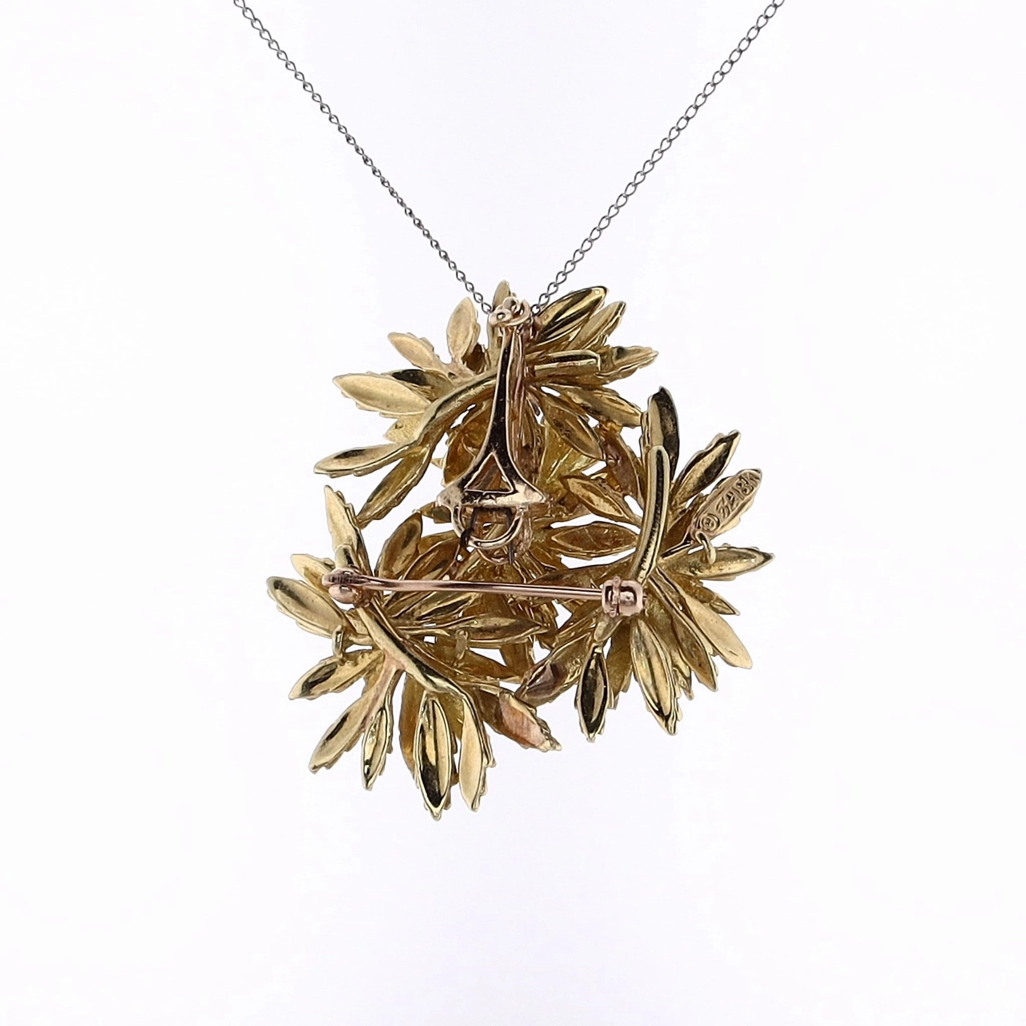 Estate 18 Karat Yellow Gold Diamond Flower Leaf  Design Pendant Pin