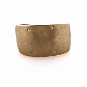 Estate 18 Karat Yellow Gold Diamond Hinged Wide Tapered Florentine Finish Cuff Bracelet