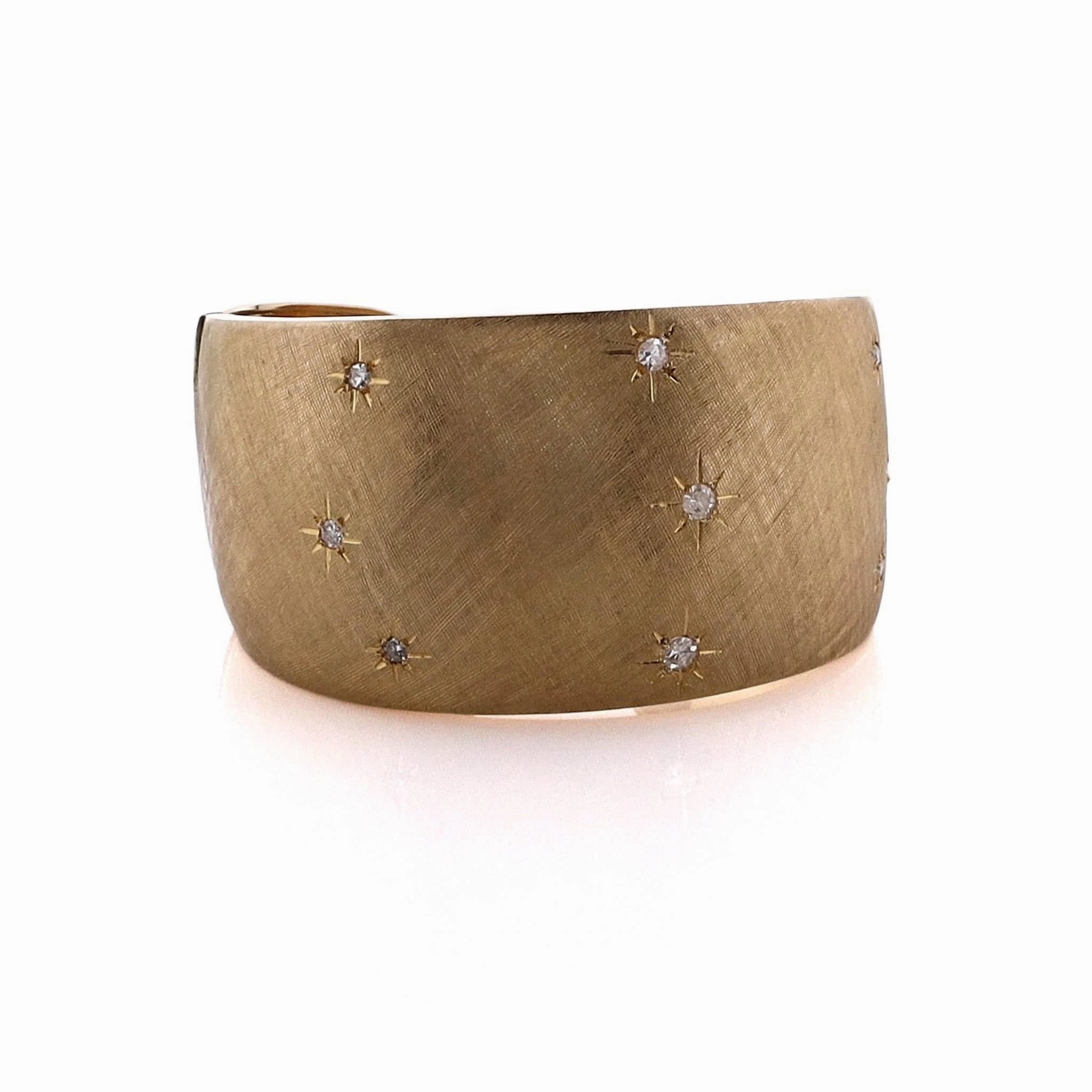 Estate 18 Karat Yellow Gold Diamond Hinged Wide Tapered Florentine Finish Cuff Bracelet